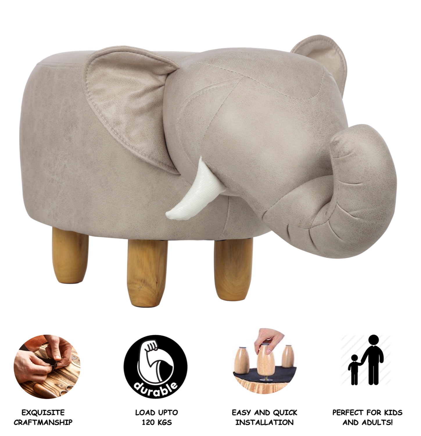 Upholstered Elephant Ride On Ottoman Footrest Stool With Vivid Adorable Animal  Shape Padded Seat. (Kids And Adults, Beige Elephant) - 24x7 eMall