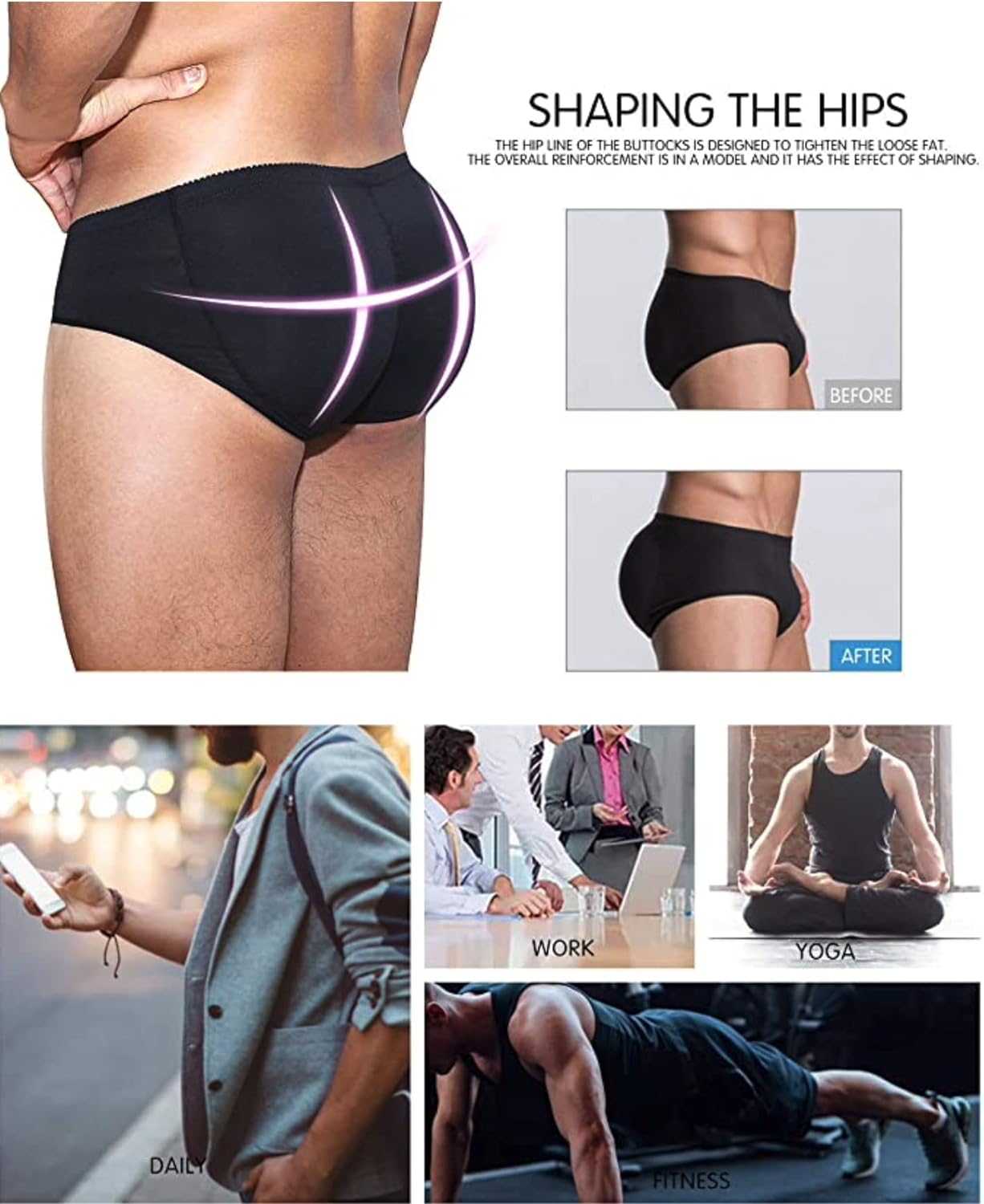 Men Padded Underwear Briefs Boxers Underpants Men Butt Booster Hip Enhancer  Butt Lifter Body Shaper Shapewear for mens (L - 26-28 Inch Waist) - 24x7