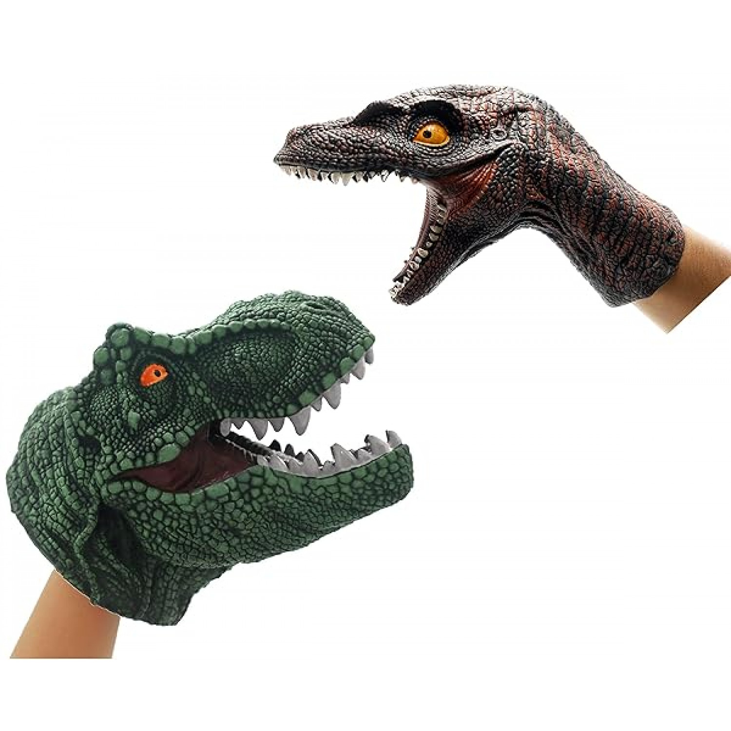 24x7-eMall-2-Pc-Combo-Hand-Puppet-Dinosaurs-Hand-Puppet-Raptor-and-Green-T-Rex-Toys-Soft-Rubber-Realistic-Raptor-Dinosa-B0B1QL9M7R
